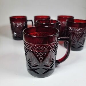 6 Vintage Antique Ruby Red Glass Cristal D'Arques Durand Luminarc Mugs France